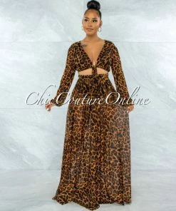 Vendor-unknown Antioco Leopard Print Front Tie Top & Maxi Skirt Mesh Set JUST IN