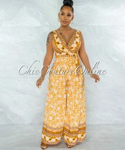 Vendor-unknown JUST IN Preacher Mustard White Floral Print Pleated Jumpsuit