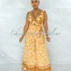 Vendor-unknown JUST IN Preacher Mustard White Floral Print Pleated Jumpsuit