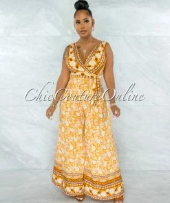 Vendor-unknown JUST IN Preacher Mustard White Floral Print Pleated Jumpsuit