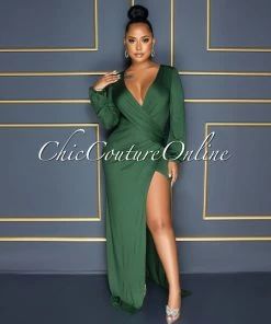 Vendor-unknown CELEBRITY CO Camelia Hunter Green Drape Side Slit Maxi Dress