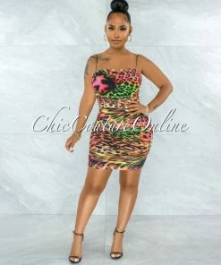 Vendor-unknown JUST IN Danely Multi-Color Leopard Print Ruched Mini Dress