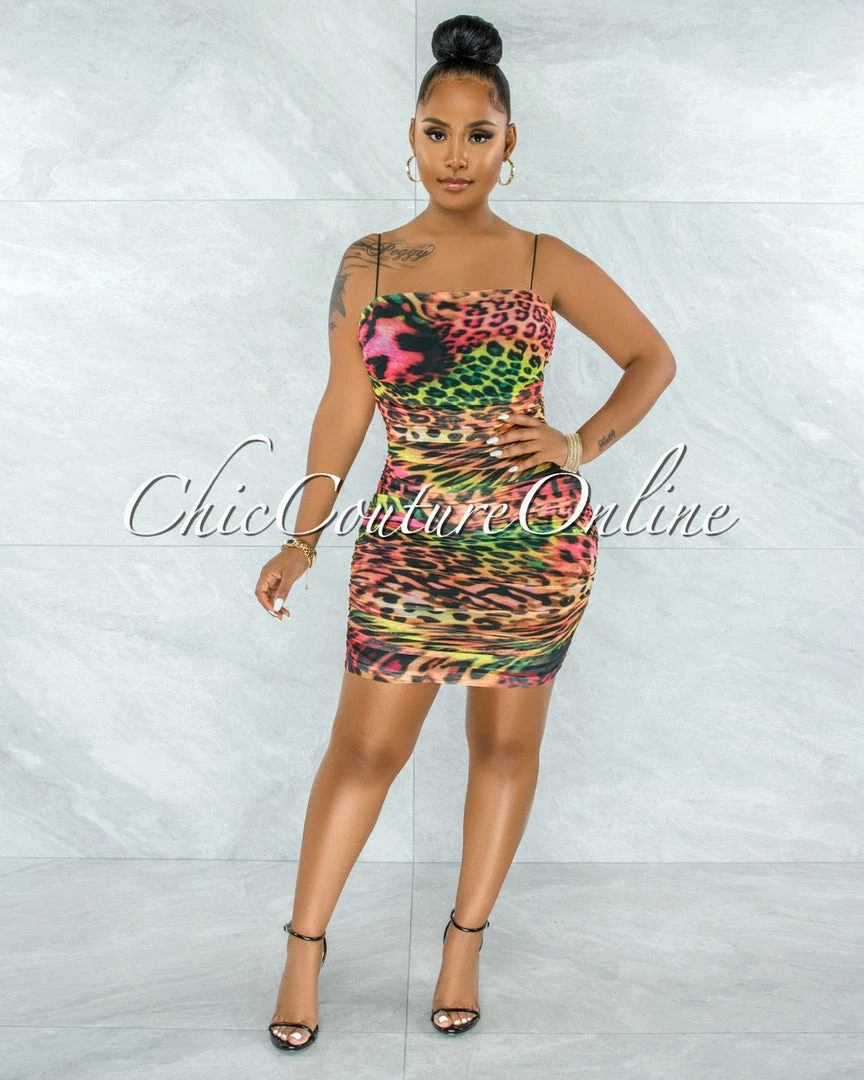 Vendor-unknown JUST IN Danely Multi-Color Leopard Print Ruched Mini Dress