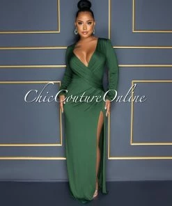 Vendor-unknown CELEBRITY CO Camelia Hunter Green Drape Side Slit Maxi Dress