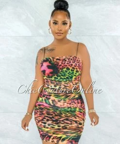 Vendor-unknown JUST IN Danely Multi-Color Leopard Print Ruched Mini Dress
