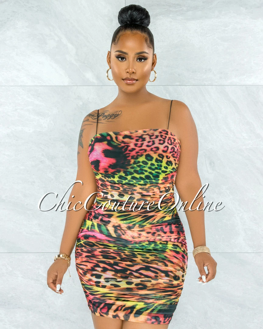 Vendor-unknown JUST IN Danely Multi-Color Leopard Print Ruched Mini Dress