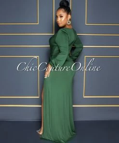 Vendor-unknown CELEBRITY CO Camelia Hunter Green Drape Side Slit Maxi Dress