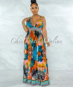 Chic Couture Online Elbert Turquoise Orange Leaf Print Cut-Out Maxi Dress JUST IN