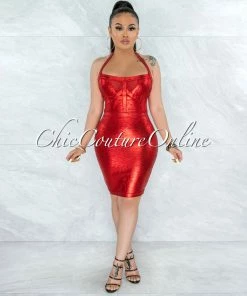 Vendor-unknown Artha Red Foil Mesh Details Bandage Dress JUST IN