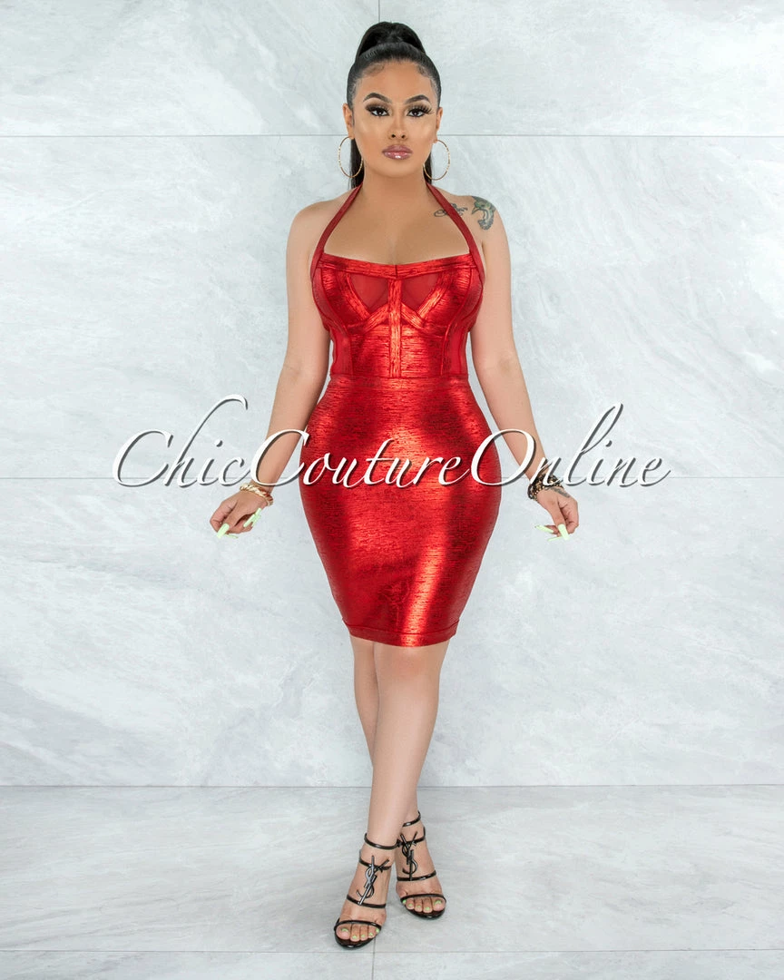 Vendor-unknown Artha Red Foil Mesh Details Bandage Dress JUST IN