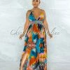 Chic Couture Online Elbert Turquoise Orange Leaf Print Cut-Out Maxi Dress JUST IN