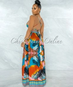 Chic Couture Online Elbert Turquoise Orange Leaf Print Cut-Out Maxi Dress JUST IN