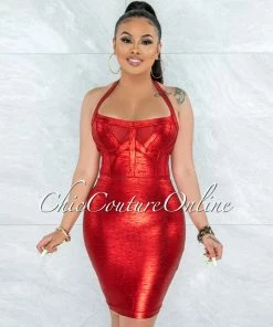 Vendor-unknown Artha Red Foil Mesh Details Bandage Dress JUST IN