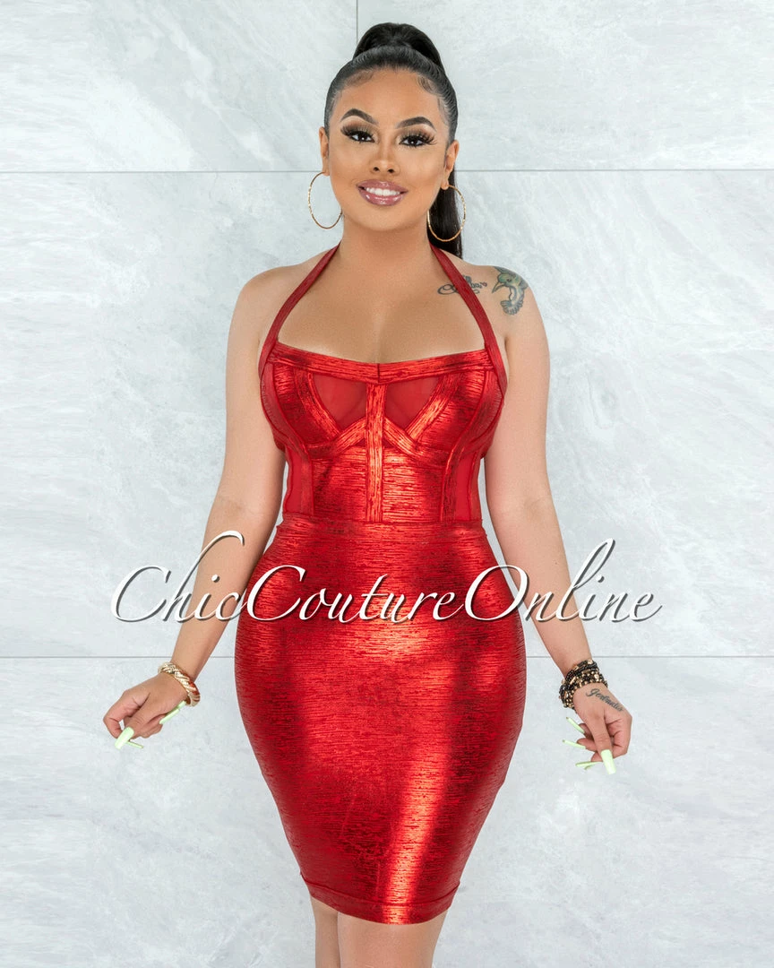 Vendor-unknown Artha Red Foil Mesh Details Bandage Dress JUST IN