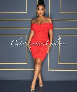 Vendor-unknown Taraneh Red Draped Crossed Neckline Midi Dress CELEBRITY CO