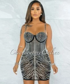 Vendor-unknown JUST IN Peron Black Mesh Silver Studs Mini Dress