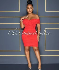 Vendor-unknown Taraneh Red Draped Crossed Neckline Midi Dress CELEBRITY CO