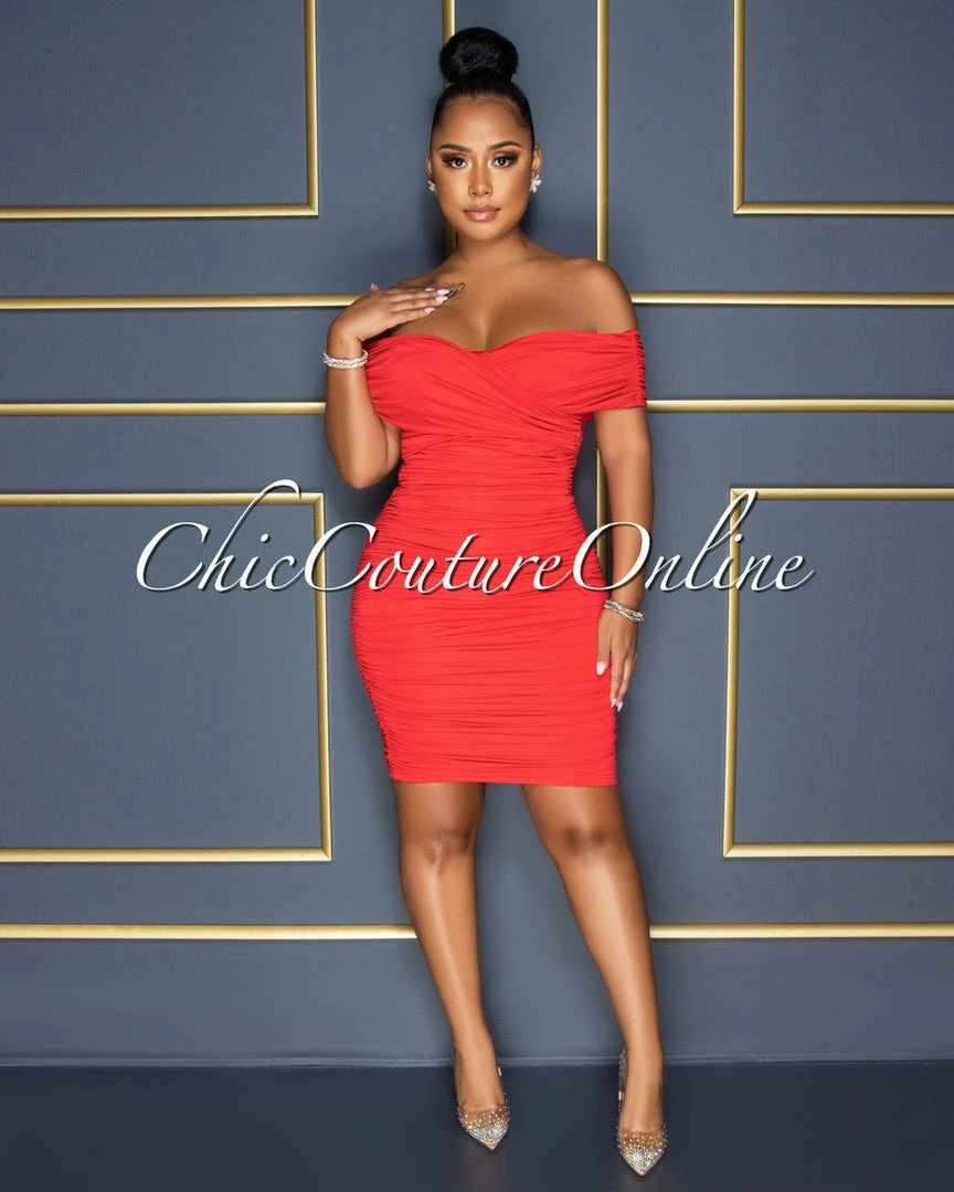 Vendor-unknown Taraneh Red Draped Crossed Neckline Midi Dress CELEBRITY CO