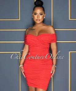 Vendor-unknown Taraneh Red Draped Crossed Neckline Midi Dress CELEBRITY CO