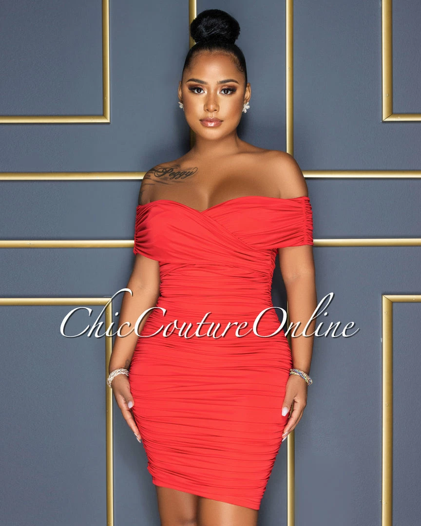 Vendor-unknown Taraneh Red Draped Crossed Neckline Midi Dress CELEBRITY CO