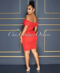 Vendor-unknown Taraneh Red Draped Crossed Neckline Midi Dress CELEBRITY CO