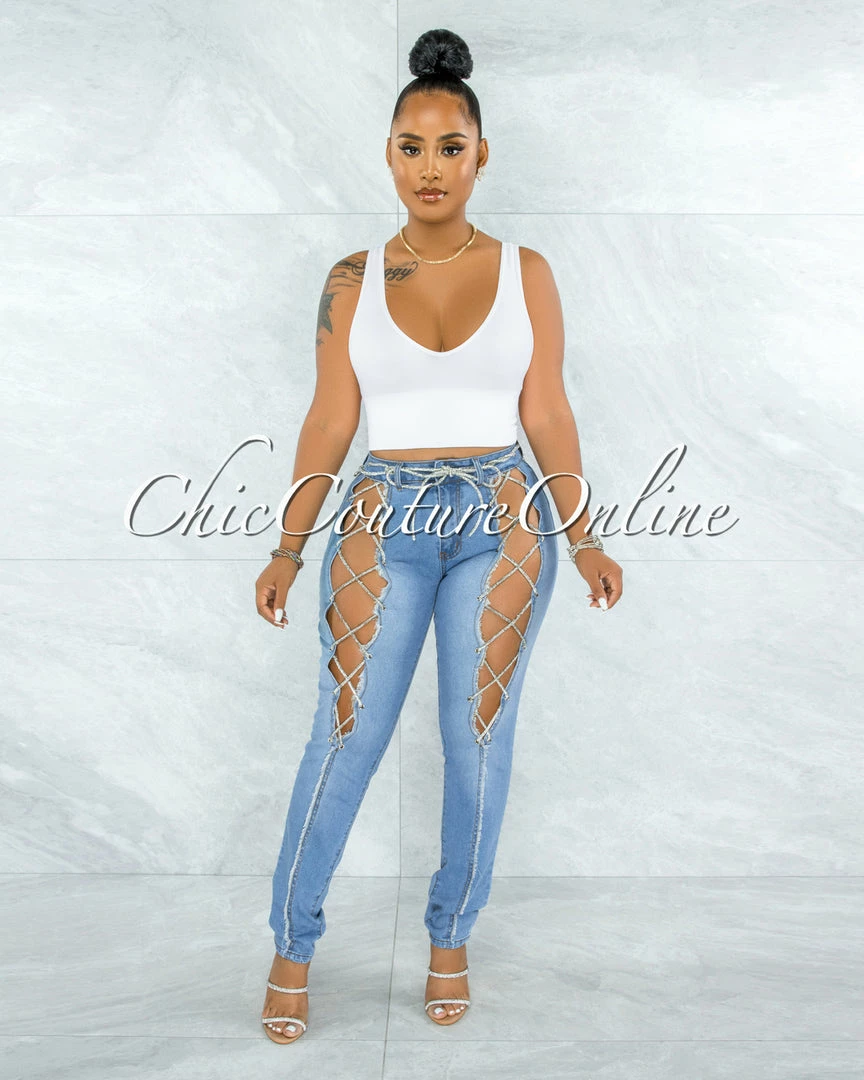 Vendor-unknown Baruch Light Denim Rhinestones Lace-Up Jeans