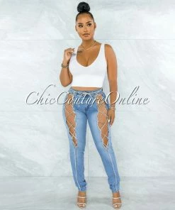 Vendor-unknown Baruch Light Denim Rhinestones Lace-Up Jeans