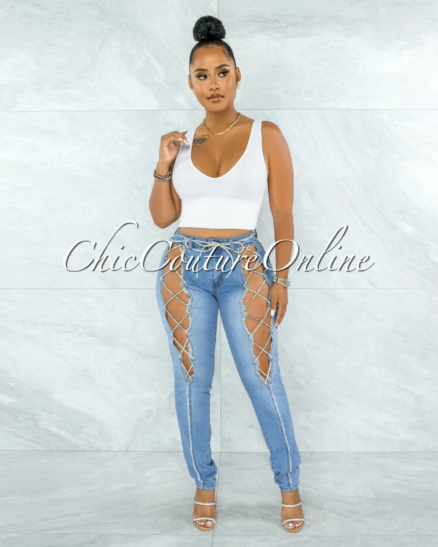 Vendor-unknown Baruch Light Denim Rhinestones Lace-Up Jeans