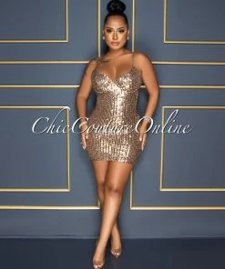 Vendor-unknown Lachlan Brown Gold Sequins Padded Cups Dress CELEBRITY CO