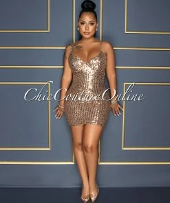 Vendor-unknown Lachlan Brown Gold Sequins Padded Cups Dress CELEBRITY CO