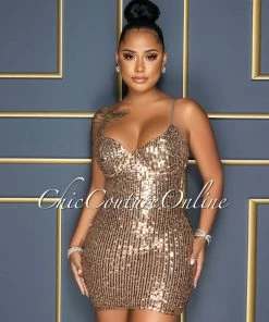 Vendor-unknown Lachlan Brown Gold Sequins Padded Cups Dress CELEBRITY CO