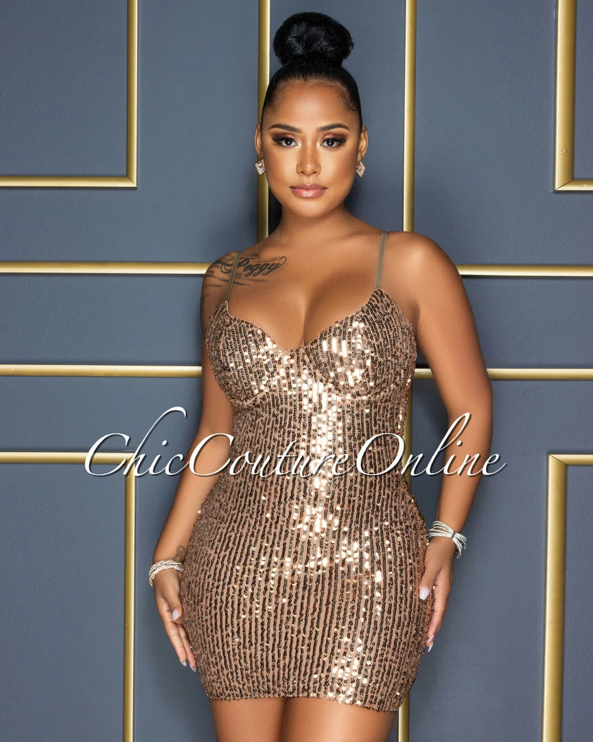 Vendor-unknown Lachlan Brown Gold Sequins Padded Cups Dress CELEBRITY CO