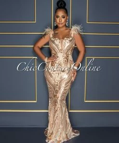 Chic Couture Online Francesca Nude Rose Gold Sequins Feather Shoulders Maxi Dress