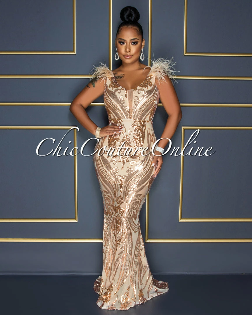 Chic Couture Online Francesca Nude Rose Gold Sequins Feather Shoulders Maxi Dress