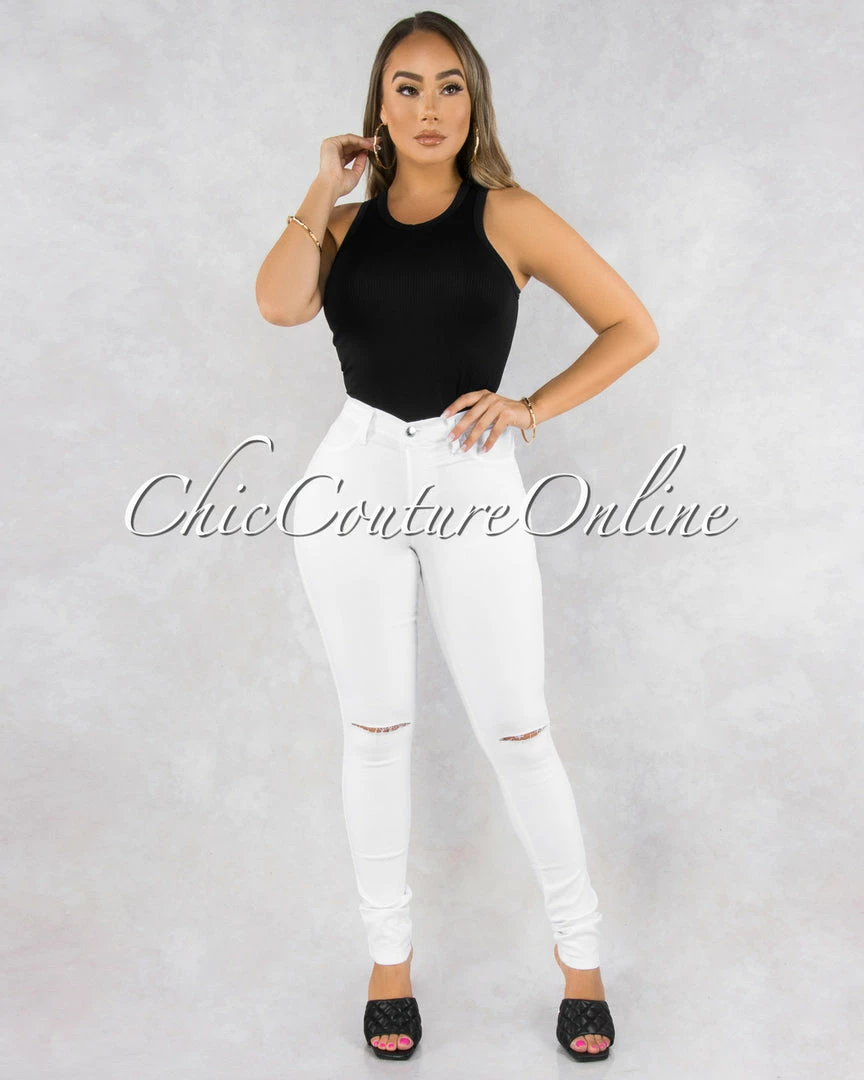 Vendor-unknown Kenya White Denim Cut-Out Knees Jeans JUST IN