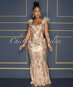 Chic Couture Online Francesca Nude Rose Gold Sequins Feather Shoulders Maxi Dress