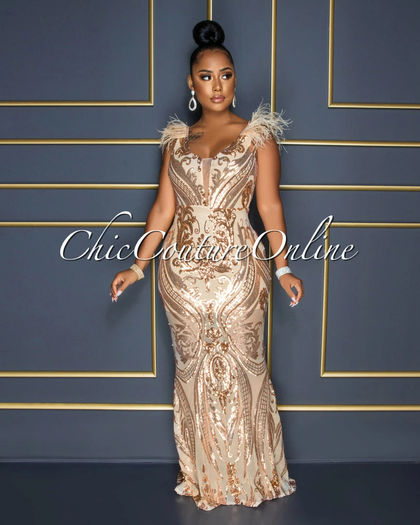 Chic Couture Online Francesca Nude Rose Gold Sequins Feather Shoulders Maxi Dress