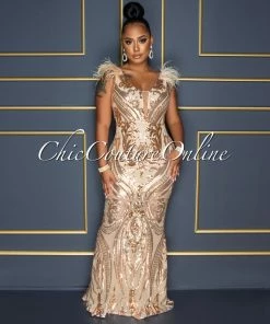 Chic Couture Online Francesca Nude Rose Gold Sequins Feather Shoulders Maxi Dress