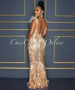 Chic Couture Online Francesca Nude Rose Gold Sequins Feather Shoulders Maxi Dress
