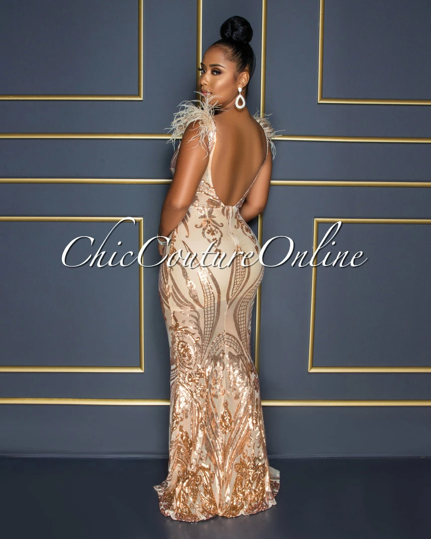 Chic Couture Online Francesca Nude Rose Gold Sequins Feather Shoulders Maxi Dress