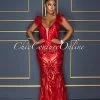 Chic Couture Online Francesca Red Sequins Feather Shoulders Maxi Dress