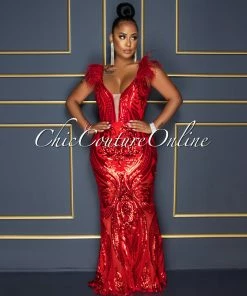 Chic Couture Online Francesca Red Sequins Feather Shoulders Maxi Dress