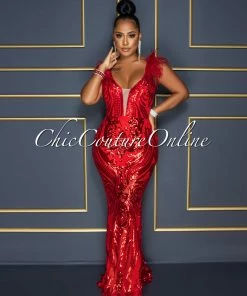 Chic Couture Online Francesca Red Sequins Feather Shoulders Maxi Dress