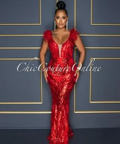 Chic Couture Online Francesca Red Sequins Feather Shoulders Maxi Dress