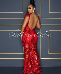 Chic Couture Online Francesca Red Sequins Feather Shoulders Maxi Dress