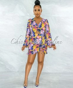 Chic Couture Online Zesta Pink Blue Floral Print Front Key-Hole Ruched Dress JUST IN