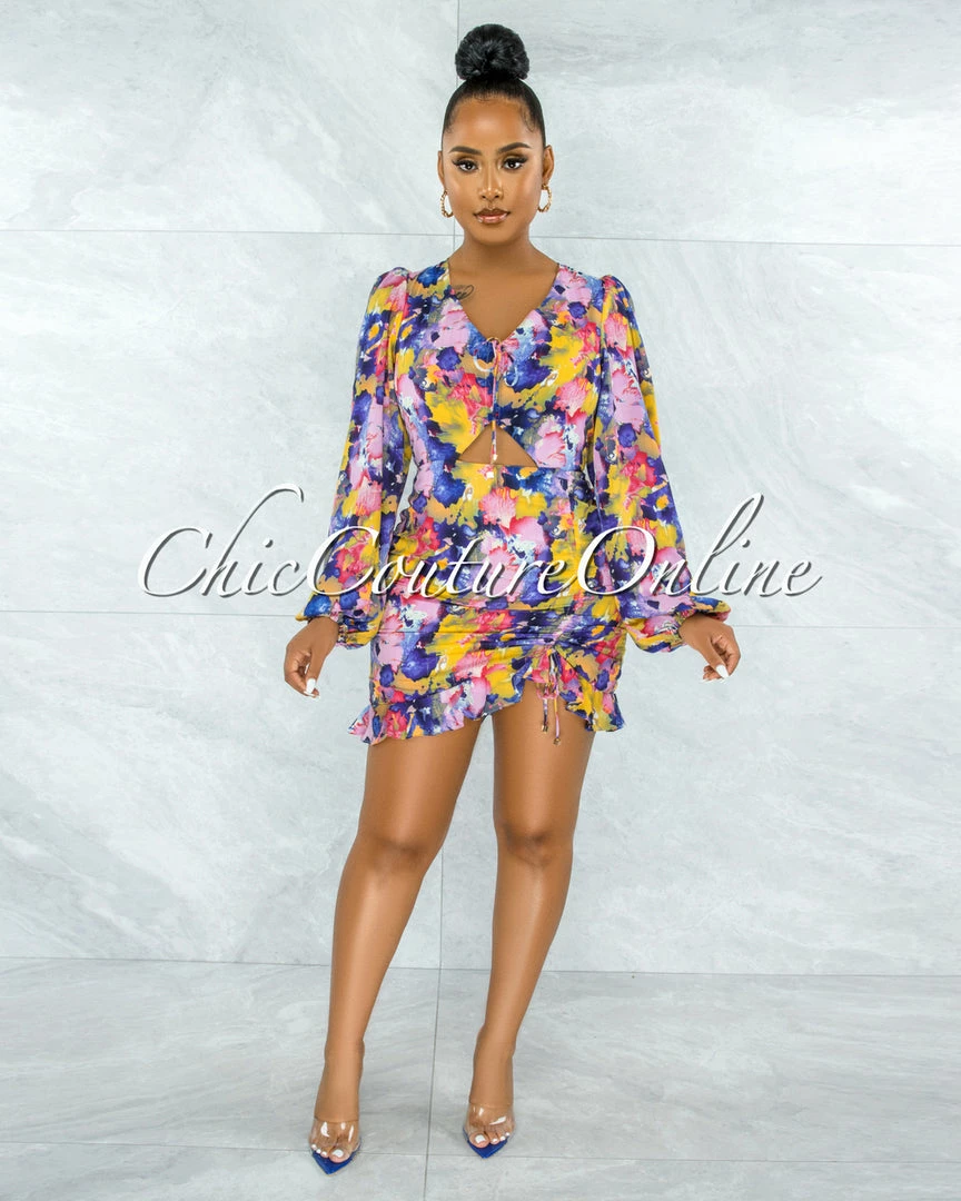 Chic Couture Online Zesta Pink Blue Floral Print Front Key-Hole Ruched Dress JUST IN