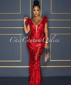 Chic Couture Online Francesca Red Sequins Feather Shoulders Maxi Dress