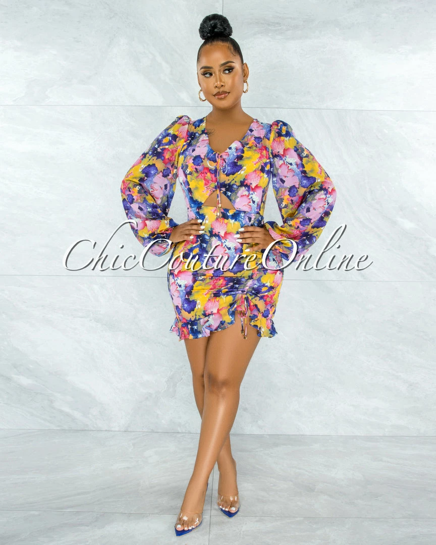 Chic Couture Online Zesta Pink Blue Floral Print Front Key-Hole Ruched Dress JUST IN