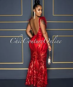 Chic Couture Online Francesca Red Sequins Feather Shoulders Maxi Dress